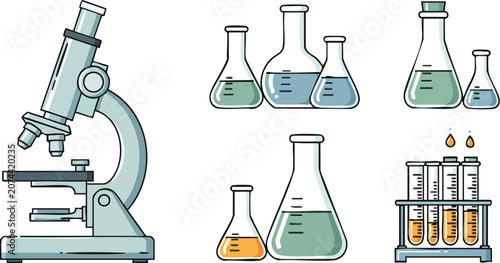 Professional Laboratory Equipment Set Featuring Precision Microscope Flasks and Test Tubes With Clean Minimalist Line Art Aesthetic