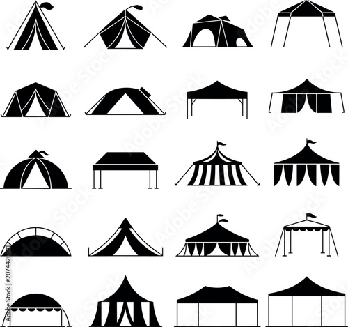 Collection of tent and canopy silhouettes showing various camping shelter and event pavilion models on white background