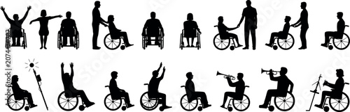 Collection of wheelchair users silhouettes showing various disabled people active poses and assistance isolated on white background
