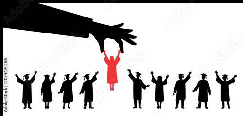 Tableau sur toile Conceptual silhouette of a large hand selecting a red graduate student from a gr
