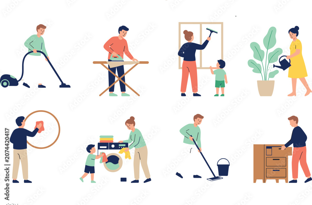 Fototapeta premium Collection of family characters doing various household chores and cleaning activities at home flat vector illustration