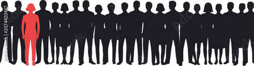 Fotografía Silhouette of a red woman standing out from a large group crowd of black people