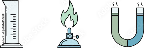 Professional Laboratory Scientific Symbols Set With Graduated Cylinder Bunsen Burner and Magnet on Clean White Background