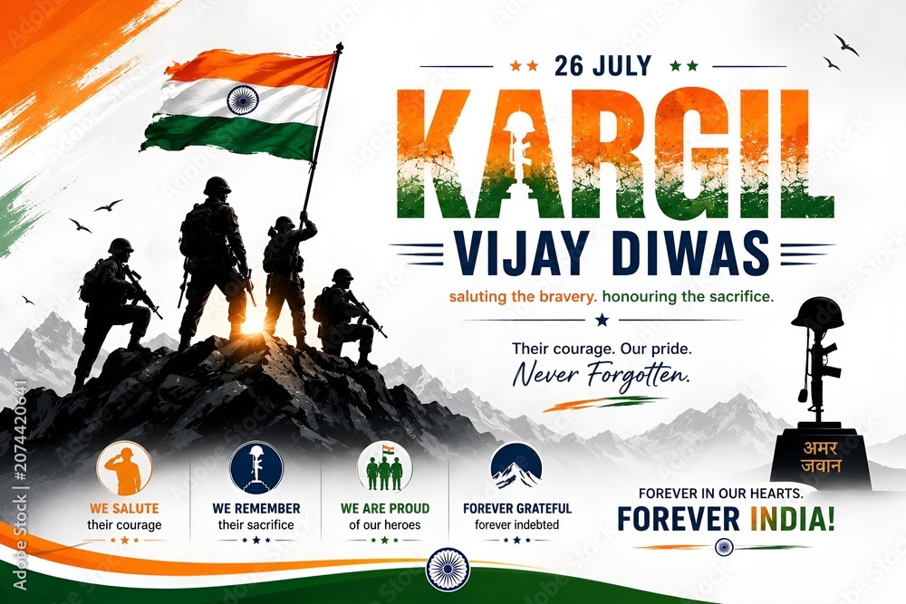 Fototapeta premium Kargil vijay diwas celebration greeting with soldiers holding indian flag