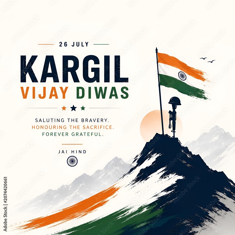 Fototapeta premium Kargil vijay diwas patriotic greeting card with indian flag and soldier memorial