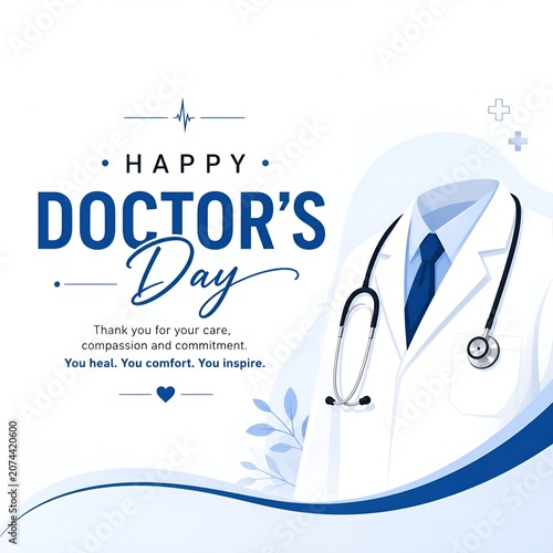 Happy doctors day appreciation poster with doctor lab coat and stethoscope design
