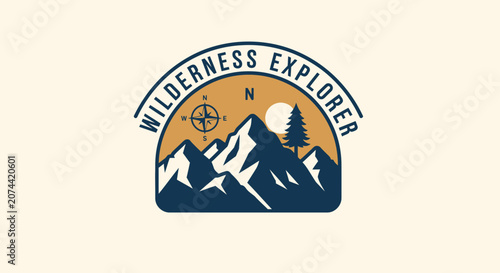 Vintage style wilderness explorer badge with mountains compass and pine tree illustration.
