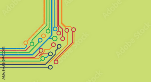 Abstract colorful circuit board lines on a light green background for technology concepts.