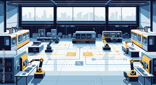 Modern automated smart factory floor with robotic arms and digital production lines.