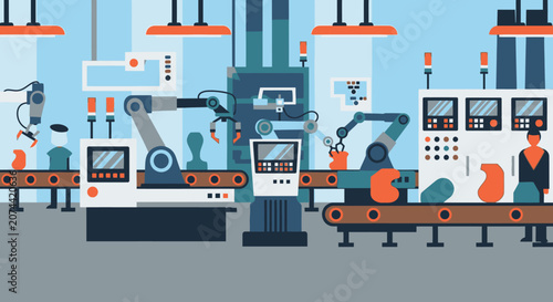Modern automated industrial factory production line with robotic arms and conveyor belts.