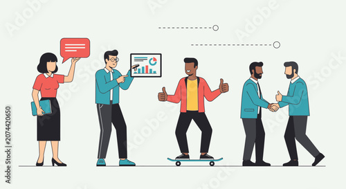 Diverse business team collaborating and working together in a modern office environment illustration.