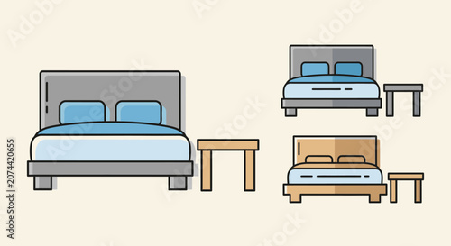 Set of flat vector icons showing different styles of modern beds with nightstands.