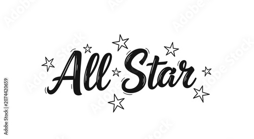 Handwritten brush lettering text All Star with decorative doodle stars on white background.