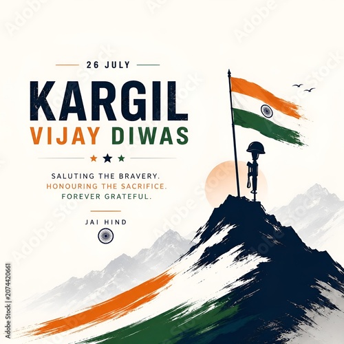 Kargil vijay diwas patriotic greeting card with indian flag and soldier memorial