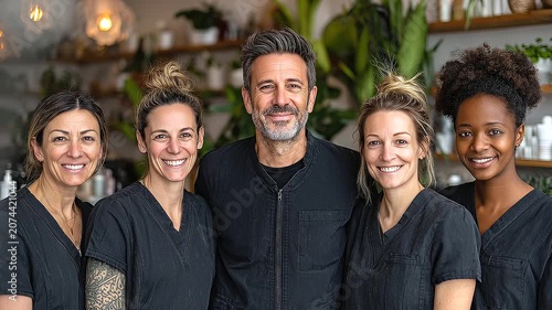 A professional, diverse team of spa and beauty salon staff standing together in a modern, stylish salon environment. They are all wearing matching black uniforms, smiling warmly video with copy space