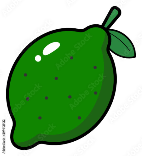 A vibrant, cartoon-style green citrus fruit with a stem and leaves