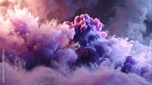 Abstract background of vibrant purple smoke swirling in dark space. The thick, atmospheric clouds of vapor create a mystical and ethereal effect, with soft lighting and subtle with copy space 