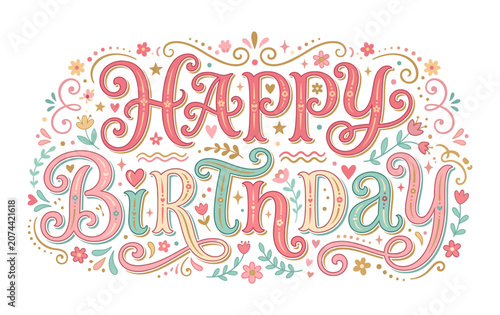 Cuadro en lienzo happy birthday in whimsical girly vintage typography