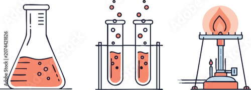 Professional Science Laboratory Equipment Icons Featuring Flasks Test Tubes and Bunsen Burner on White Background