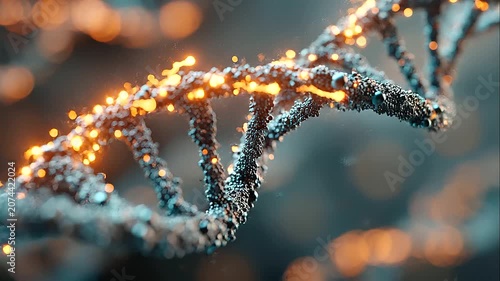 Abstract digital representation of a DNA double helix strand, symbolizing advanced biotechnology, genetic engineering, and medical research. The structure is illuminated with copy space
