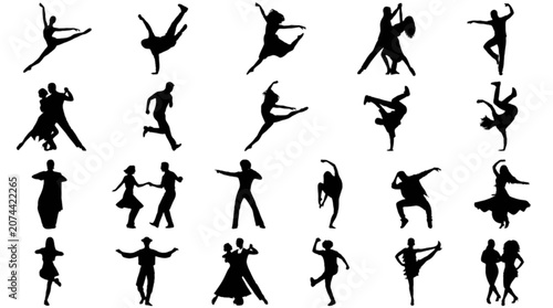 Vászonkép Dynamic silhouette figures doing various mid-air poses isolated on transparent b