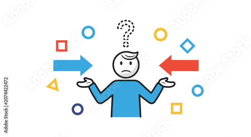 Bild auf Leinwand Confused cartoon character standing between two opposing arrows with a question mark above