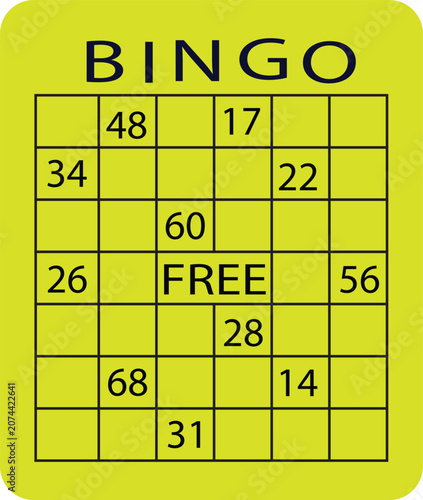 Bingo game card with numbers on a bright yellow background