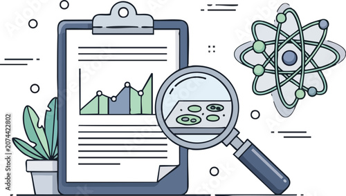 Professional Science Research Icons Including Laboratory Clipboard Magnifying Glass Slide and Atom Symbol Over White Background