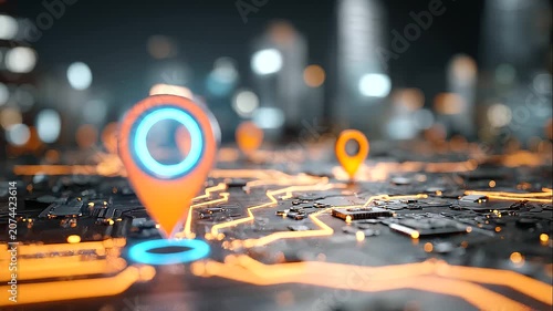 Futuristic digital map with glowing blue location pin icons hovering over a dark, high-tech circuit board surface. Abstract 3D visualization of geolocation, GPS navigation, with copy space