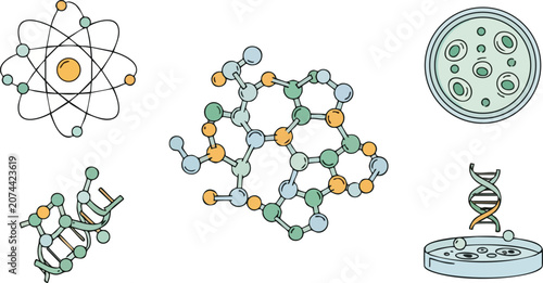 Professional Scientific Laboratory Icons Including Molecule Atom and Bacterial Culture in Petri Dish Minimalist Style