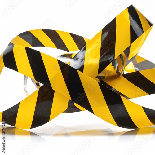 Yellow and black striped hazard tape entangled in a chaotic knot