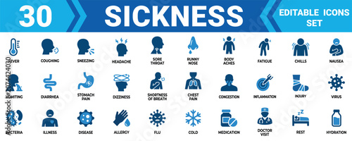 Fotografía Set of 30 medical sickness icons showing symptoms of flu cold virus and common health illness conditions Vector, illustration Minimal solid vector icon set bundle collection