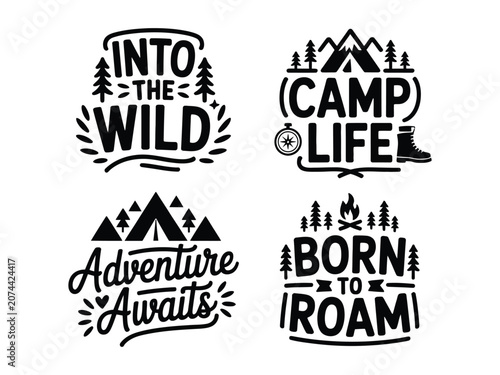 Set of four camping and adventure typography designs with mountains trees and campfire graphics