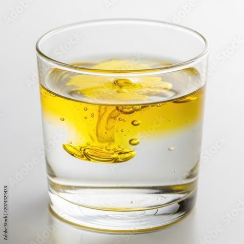 Melted golden butter oil separates and floats atop clear water in a simple glass, illustrating concepts of immiscibility and density differences, ingredient, hydration, fresh