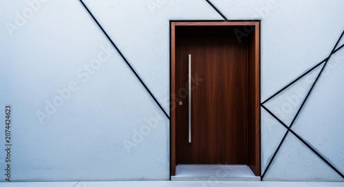 Sleek architectural shot of a minimalist contemporary home entrance featuring a dark wood door, concrete wall, and geometric design, entrance, residence, house