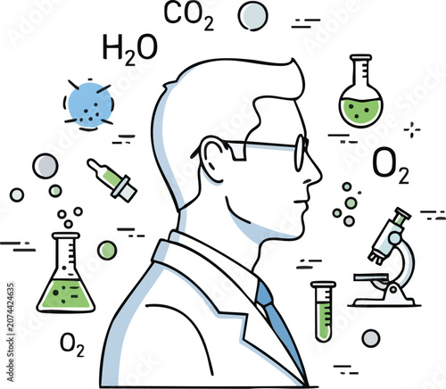 Professional Scientist Avatar Icon Featuring Minimalist Line Art With Chemical Symbols and Laboratory Equipment on White Background