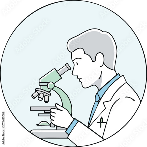 Professional Scientist Profile Icon Using Microscope in Circular Frame With Minimalist Linear Style on White Background