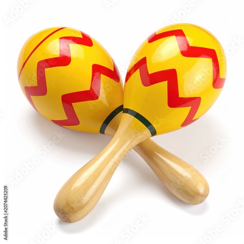 Two yellow musical percussion instruments with red zigzag patterns