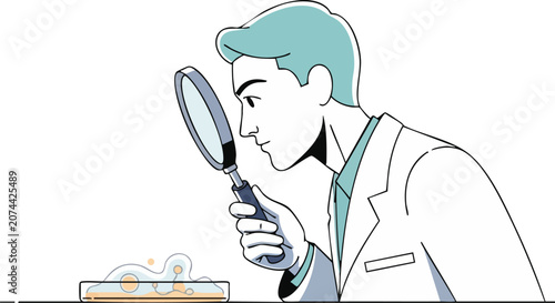 Profile of a Modern Scientist Examining a Petri Dish With a Magnifying Glass in a Minimalist Editorial Style