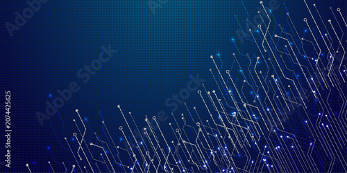 Fotografie Glowing circuits pulse across a deep blue digital grid
