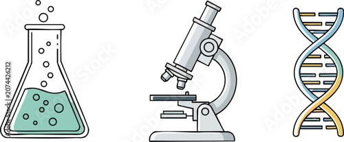 Science Research Icon Set Featuring Bubbling Glass Beaker Precision Microscope and DNA Double Helix on White Background