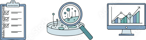 Scientific Data Icons Featuring Medical Checklist Petri Dish Magnifying Glass and Computer Monitor Displaying Growth Chart Analytics