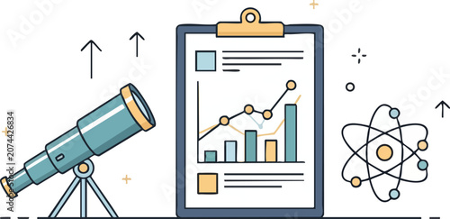 Scientific Research Collection Featuring Clipboard With Data Charts Telescope and Atom Symbol in Professional Editorial Style on White Background