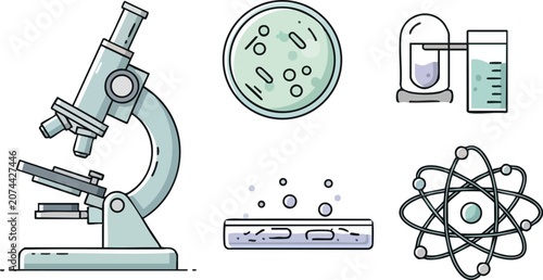 Scientific Research Icon Set Featuring Laboratory Microscope Petri Dish and Atomic Model Symbols on White Background