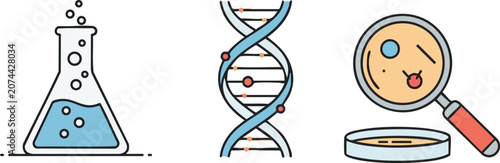 Scientific Research Professional Illustration Featuring Conical Flask DNA Helix and Magnifying Glass Over Petri Dish on White Background