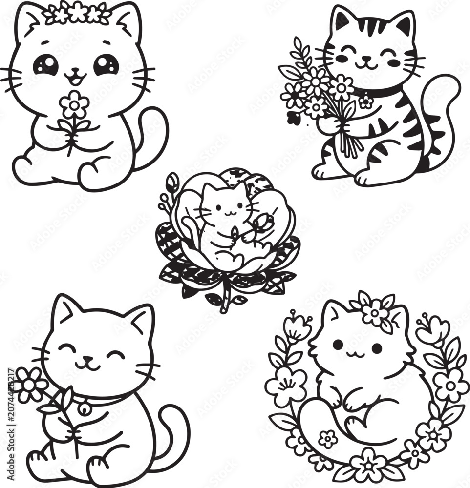Fototapeta premium Cute cat with flowers line art vector illustration set, kawaii kitten floral wreath coloring page sticker bundle