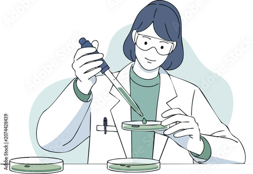 Scientist in Lab Coat Carefully Examining Petri Dish With Pipette for Scientific Research Study on White Background