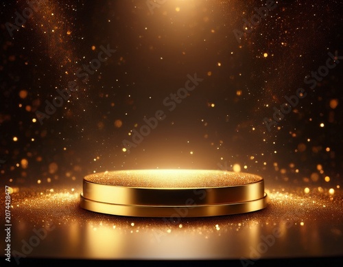 empty gold podium on a dark background with shimmering gold particles