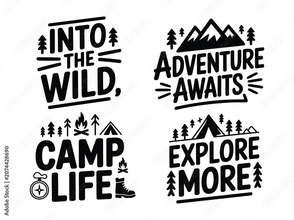 Fototapeta premium Camping and hiking inspirational quotes with mountains trees and outdoor symbols