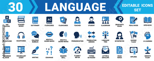 Photos Set of 30 language education and learning icons featuring books teacher student and grammar symbols Vector, illustration Minimal solid vector icon set bundle collection